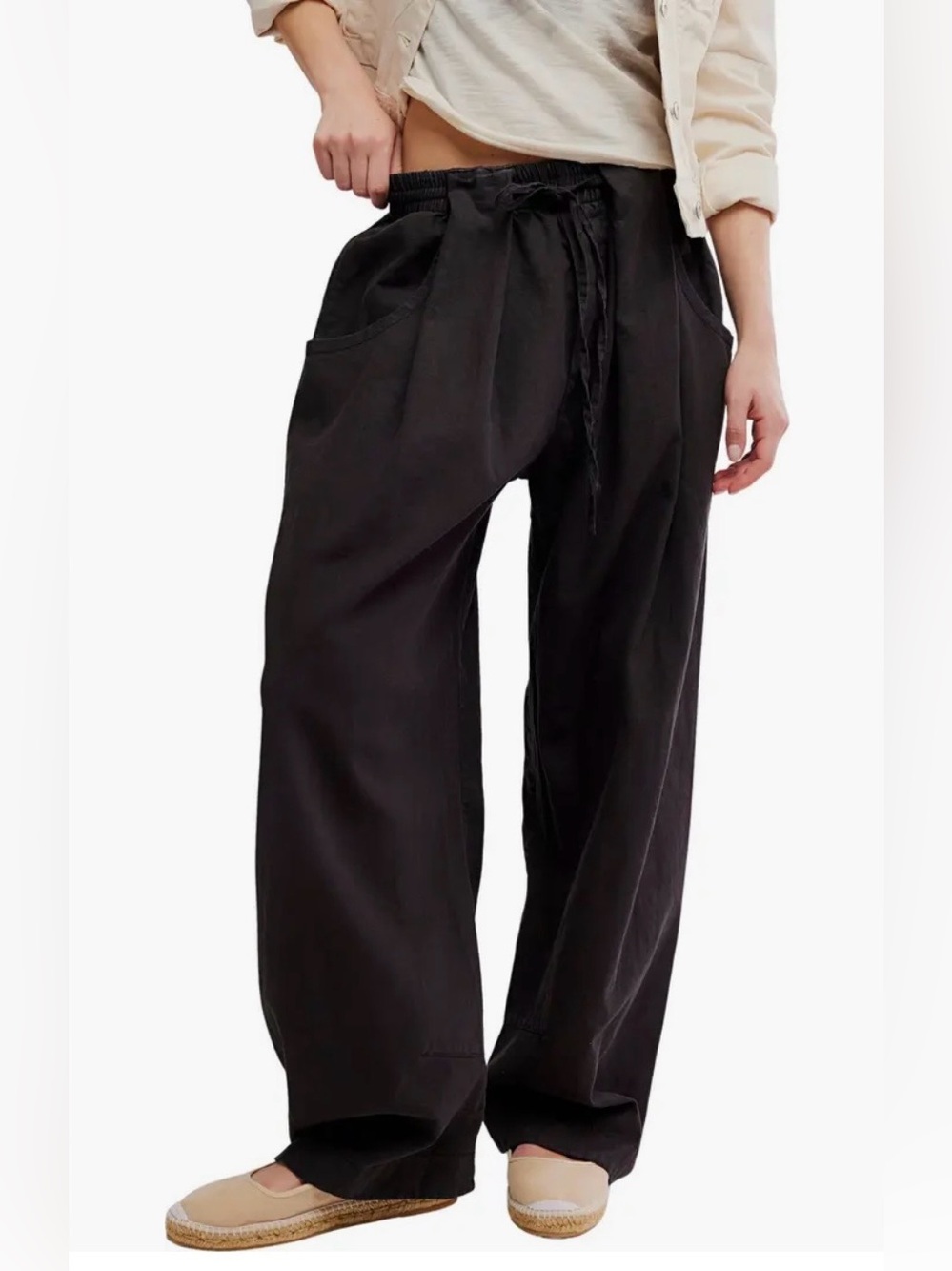 Free People Chambers Drawstring Linen and Cotton Pants in Black Size L. NWT